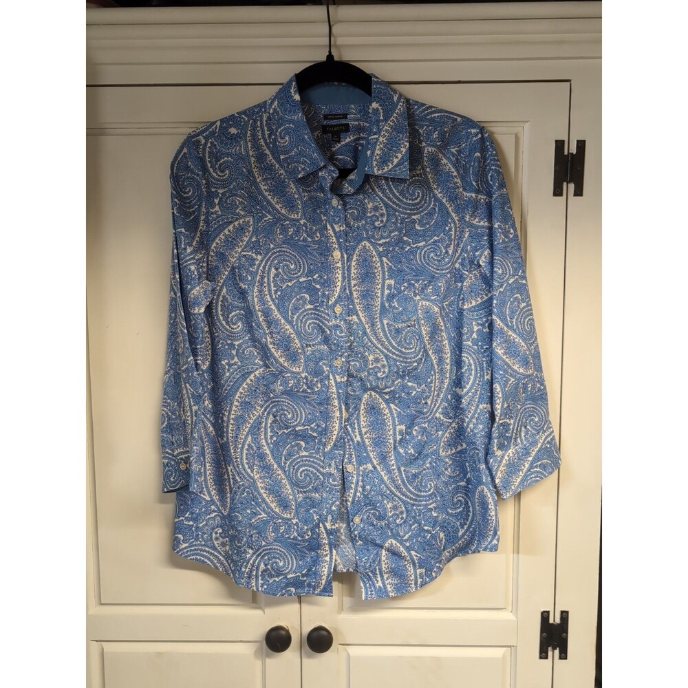 Talbots Wrinkle Resistant Blue White Paisley 3/4 Sleeve Button Up Shirt Sz 10